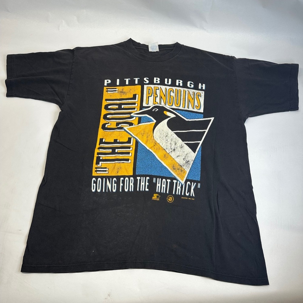Vintage 1992 Pittsburgh Penguins Starter Hat Trick T-Shirt NHL Black 90s Shirt
